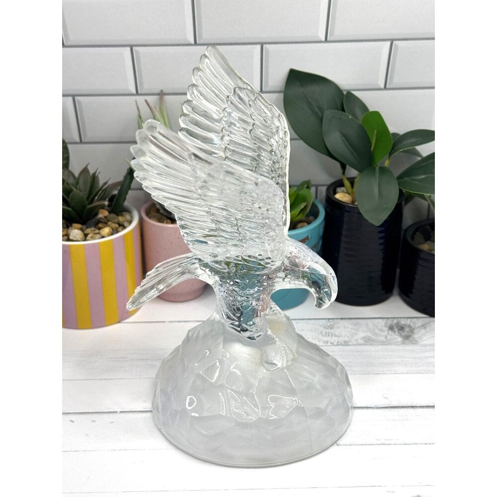 Clear Glass Eagle Figurine On Frosted Glass Base Collectible Sculpture - Picture 2 of 8